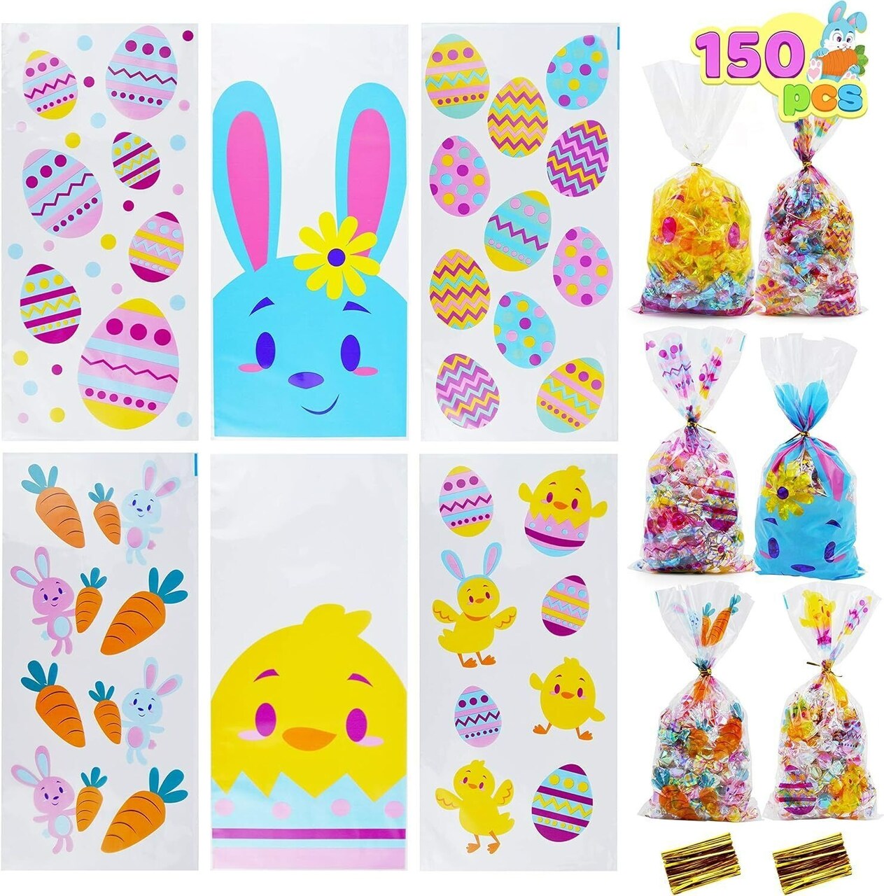 150 Pcs Easter Cellophane Bags, Easter Candy Treat Goodie Bags with Ties